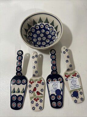 Boleslawciec Polish Pottery Cereal, Bowl + 4 Hand Made Cake Serving Spoons